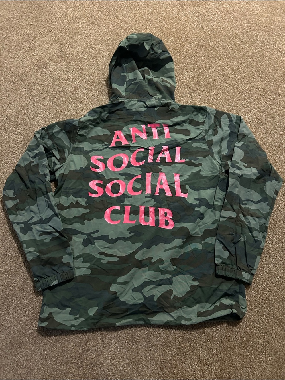 Anti Social Social Club Camo Jacket with Pink Lettering
